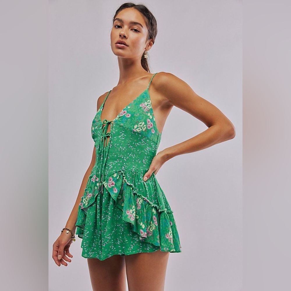 NWT Free People Brielle Printed Green Floral Romper XS